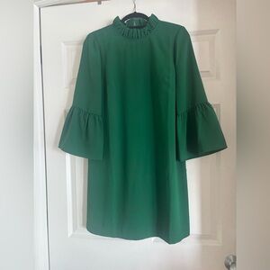 J. Crew Ruffle-neck Shift Bell Sleeve Dress in 365 crepe (forest green)